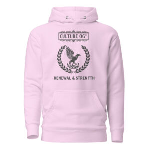 Sustainable streetwear hoodie in lavender with Culture OG Renewal & Strength emblem